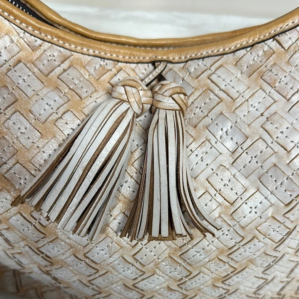 PATRICIA NASH White & Brown BRAIDED STITCH Leather MARCELLINA Hobo Bag